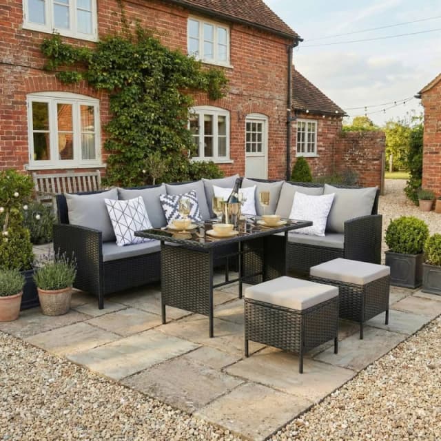 Home Garden Direct Thalia - Rattan Corner Sofa Set with Glass Table & stools - Black - 8 Seats Black Unisex