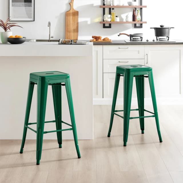 FurnitureboxUK FurnitureboxUK Set of 2 Colton 'Tolix' Style Metal Stackable Retro Industrial Bar Stools in Green Green One Size Unisex 5056542692512