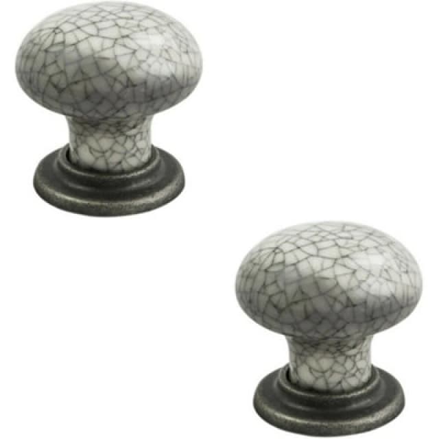 Loops 2x Porcelain Mushroom Cupboard Door Knob 36mm Dia Antique Steel Blue Glaze Metallics unisex