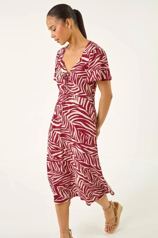 Roman Womens Petite Animal Stretch Gathered Midi Dress in Wine Size: 18 Wine Female 18