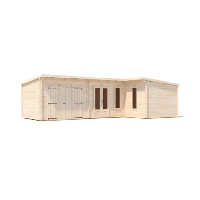 Dunster House L-Shaped Log Cabin Pent Roof 24mm Double Glazed Windowsw9M X D5M / W29' X D16'6" Hellwolf