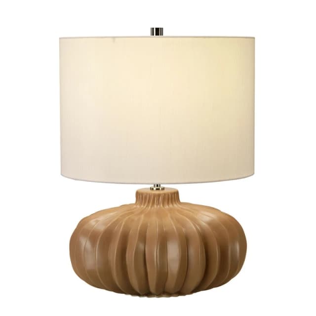 Loops Table Lamp Ridged Pumpkin Shape Squat Base Ivory Faux Linen Shade LED E27 60W Multi