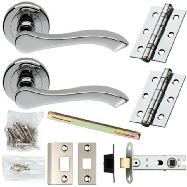 Loops Door Handle & Latch Pack Chrome Modern Scroll Curved Arm Screwless Round Rose Multi