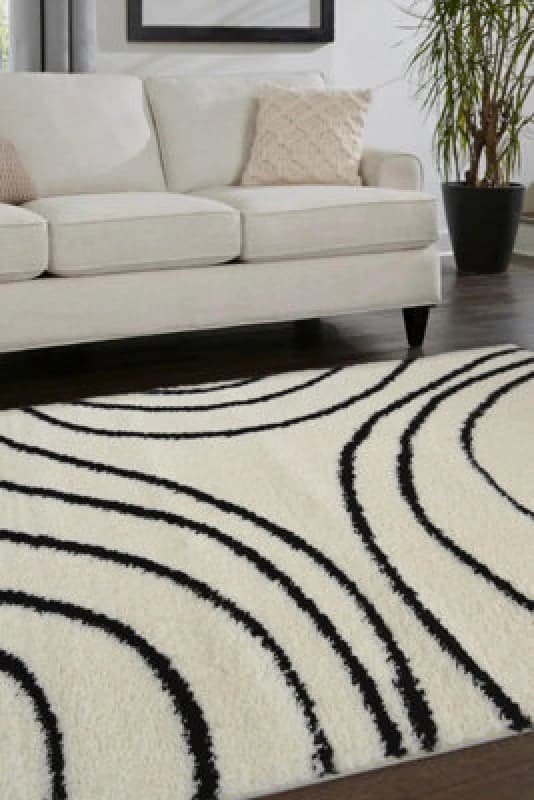 Melrose Shaggy Iso Ivory Patterned Black Wave Lines Indoor Large Area Rug 160/230Cm