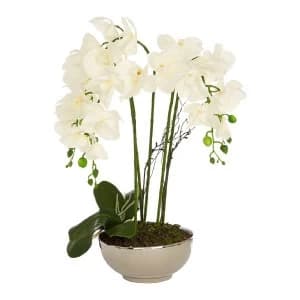 Premier Housewares White Orchid Faux Plant in Silver/Natural Ceramic Pot