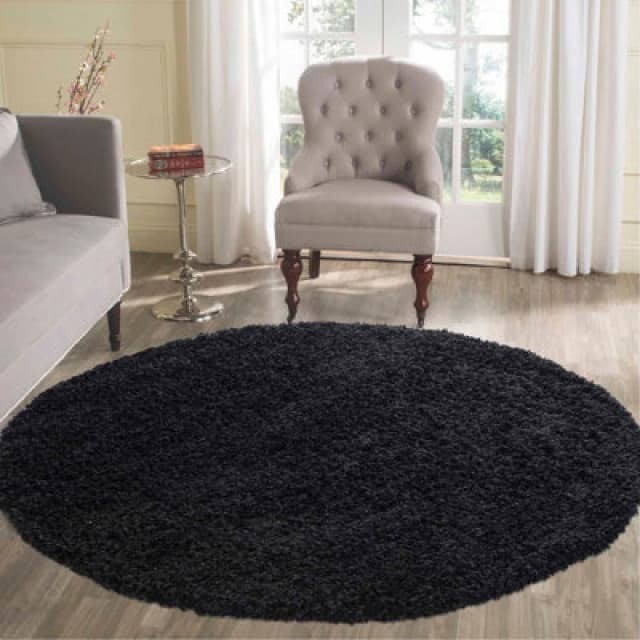 Desire Rugs Plain Living Room Shaggy Area Rugs Black Round 120X120 Cm