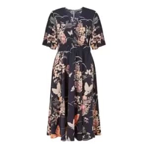 Yumi Navy Butterfly Print Midi Dress - Blue