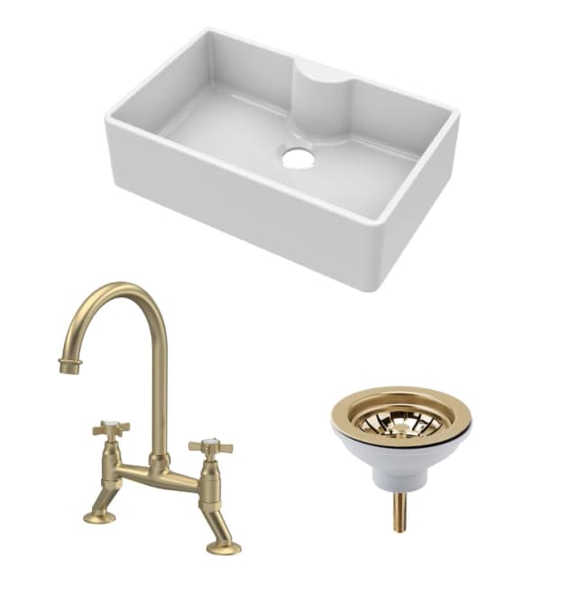 BALTERLEY Fireclay Kitchen Bundle - Single Bowl Butler Sink with Tap Ledge, Waste & Bridge Tap, 795mm - Brushed Brass - Balterley BKS208WT14
