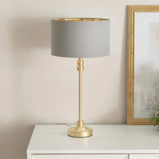 ValueLights ValueLights Maggie Gold Candlestick Table Lamp with Fabric Drum with Gold Inner Lamp Shade in Grey Grey One Size Unisex 5059406061813