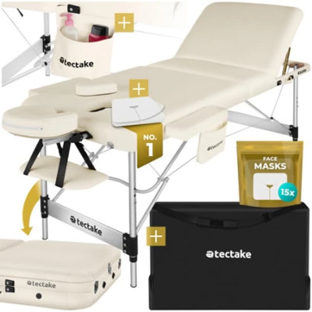 Tectake Massage Table Phuket - 3 Zones, 70 Cm Wide, Aluminium Frame, Carry Bag & Masks - Beige