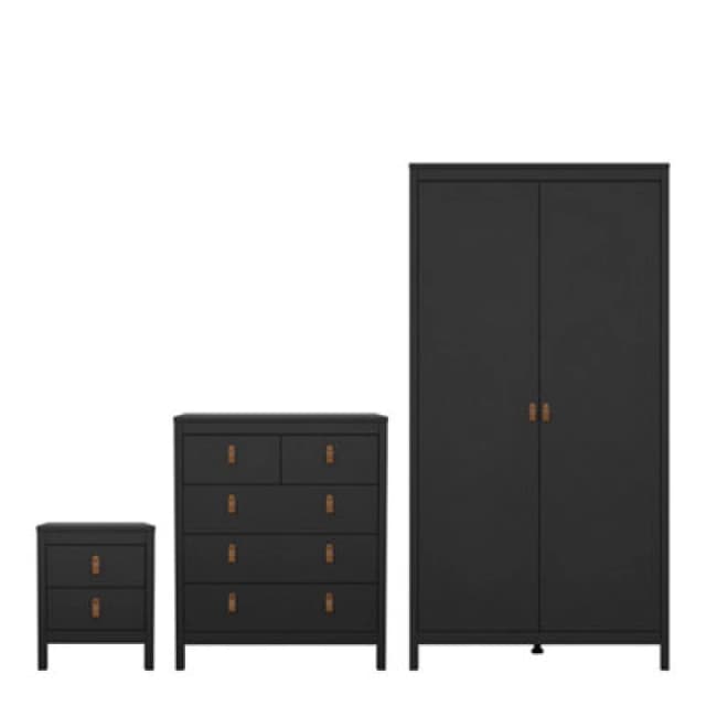 Furniture To Go Barcelona 3 Piece Bundle, Bedside, Chest And 2 Door Wardrobe In Matt Black