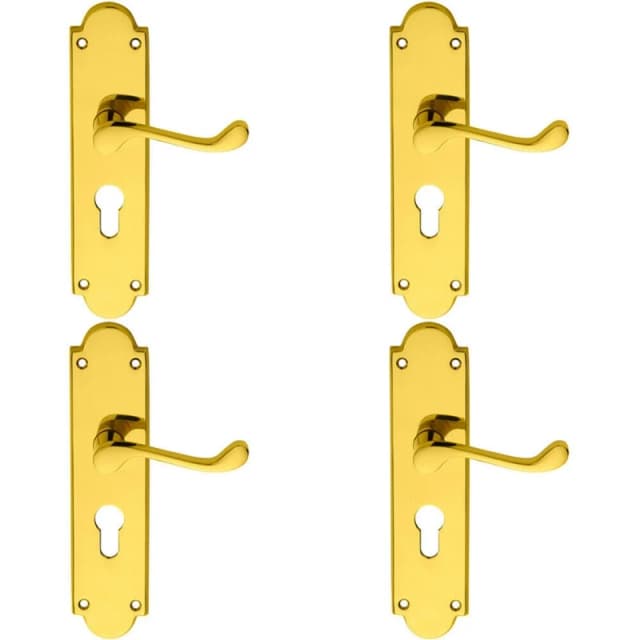 Loops 4x PAIR Victorian Scroll Lever on Euro Lock Backplate 205 x 49mm Polished Brass Metallics