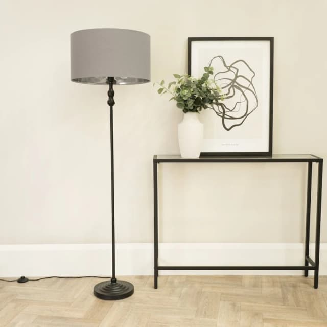 ValueLights Maggie Black Metal Candlestick Floor Lamp with Grey and Metallic Chrome Shade Grey