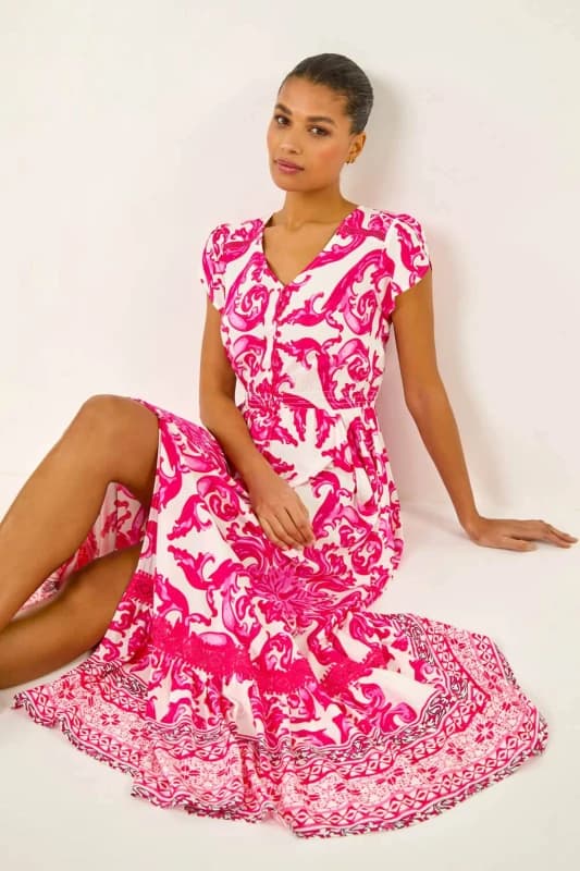 Roman Womens Border Print Button Dress in Pink Size: 16 Pink Female 16