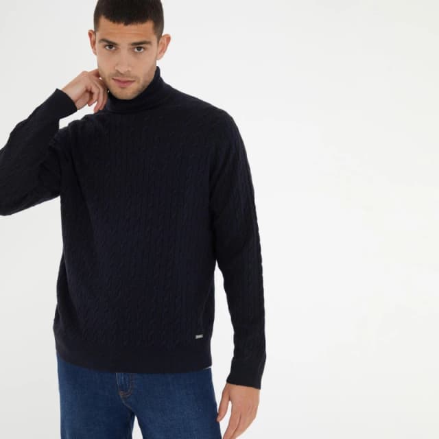 Threadbare 'Hawkgreen' Cable Knit Roll Neck Jumper Navy