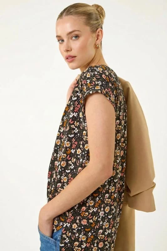 Roman Womens Floral Puff Print Collared Top Size: 16 Multicolor Female 16