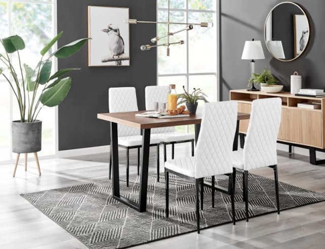 FurnitureboxUK FurnitureboxUK Kylo Brown Wood Effect Dining Table With Black 'U' Legs & 4 Milan Faux Leather Chairs in White White One Size Unisex 505