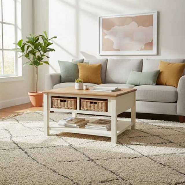 Premier Housewares Interiors by Premier Natural and Cream Wood Coffee Table, Basket Drawer Chest Coffee Table, Contemporary Coffee Table with Storage