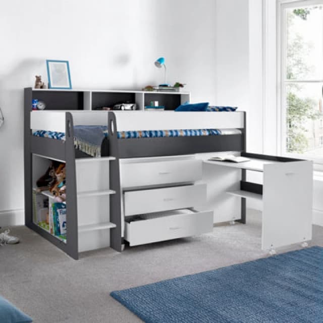 Bedmaster Erin Grey And White Mid Sleeper Bed With Desk And Spring Mattress