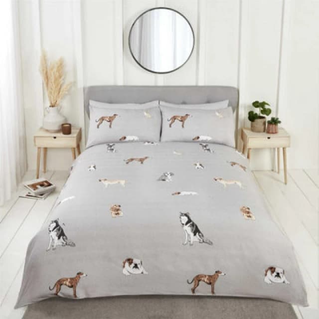 Rapport Paws And Tails Reversible Duvet Cover Set Dogs And Stripes Bedding Grey