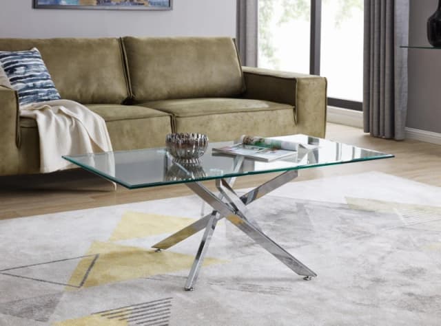 FurnitureboxUK FurnitureboxUK Leonardo Rectangular Glass Coffee Table with Metal Angled Starburst Legs for Modern Living Rooms in Silver Silver One Si