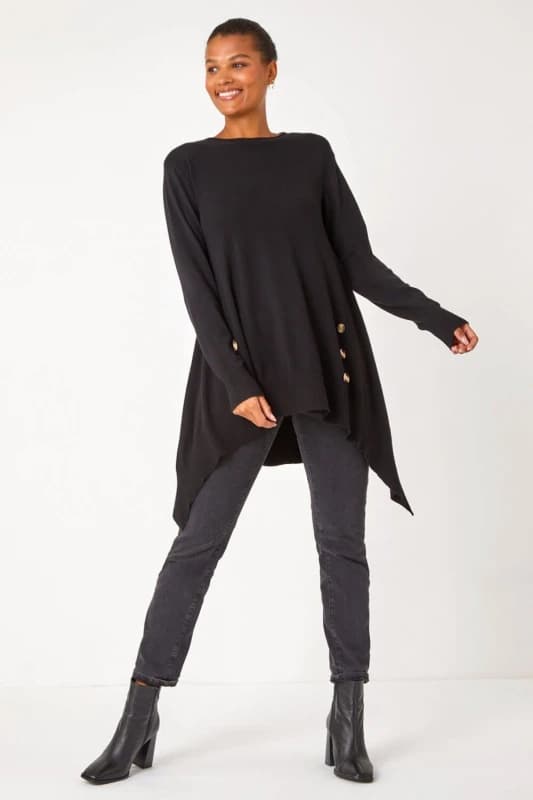 Roman Buttoned Side Hanky Hem Jumper Black