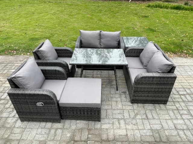 Fimous Wicker PE Rattan Garden Dining Set Outdoor Furniture Sofa with Rectangular Dining Table Big Footstool Side Table Dark Grey