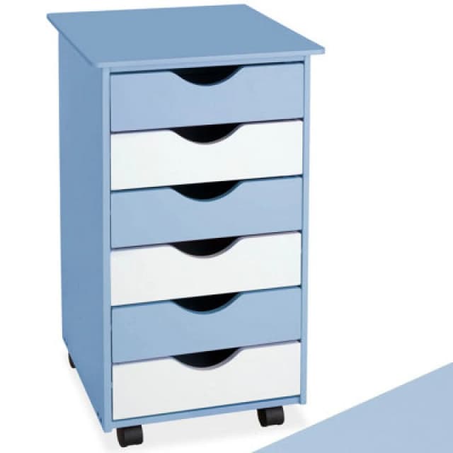 Tectake Chest Of Drawers, 6 Drawer Wooden Filing Cabinet With 4 Swivel Wheels - 1 - Blue