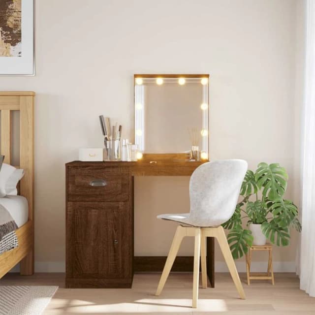 vidaXL Dressing Table with LED Lights Brown Oak 90x42x132.5 cm, Grey 834977