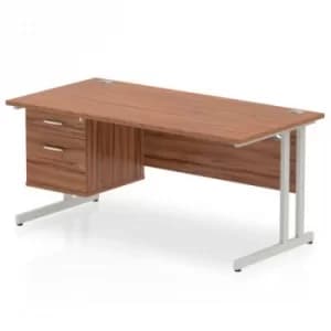 Impulse 1600 Rectangle Silver Cant Leg Desk WALNUT 1 x 2 Drawer Fixed Ped