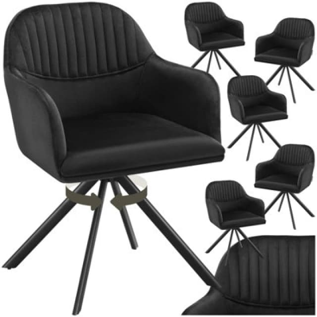 Tectake Set Of 6 Lounge Armchair Living Room Accent Chair 360 Swivel Slim Steel Legs Velvet Fabric - Black/black