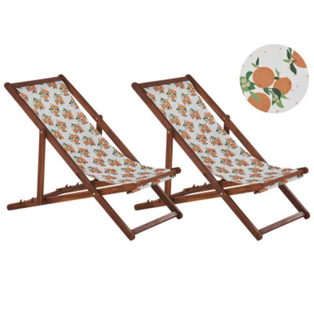 BELIANI Set of 2 Folding Deck Chairs ANZIO with Replacement Fabrics Floral Motif Acacia Wood Dark Brown 311556