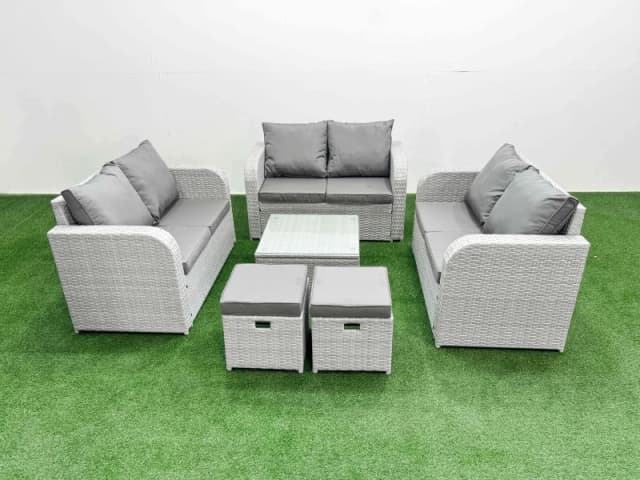 Fimous 8 Seater PE Wicker Rattan Furniture Sofa Sets with Square Coffee Table 2 Seater Love Sofa 2 Stool Light Grey Light Grey