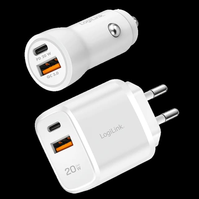 LogiLink USB Charger Set. Car & AC. USB-C/F + USB-A/F. PD 20 W. wh