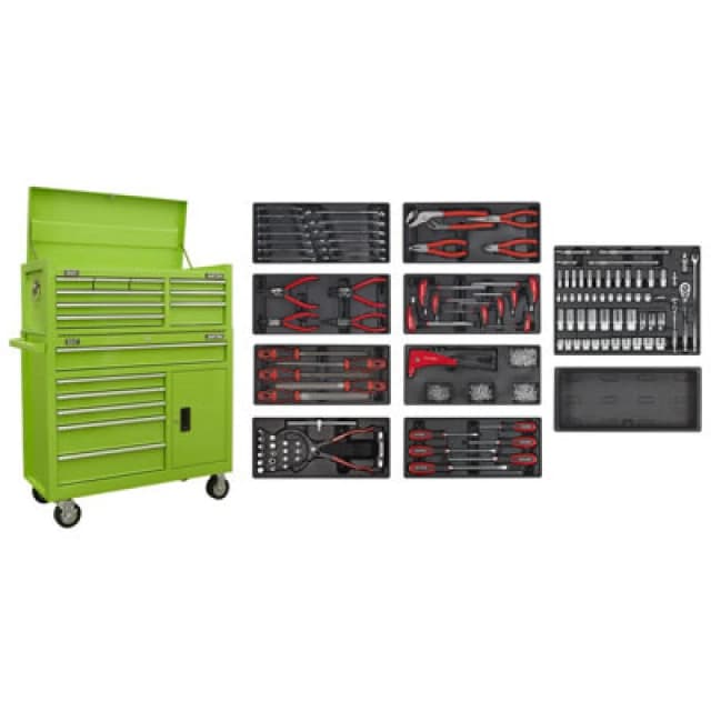 Sealey American Pro 15 Drawer Roller Cabinet + 117 Piece Hand Tool Kit AP41STACKHVCOMBO Colour: Green