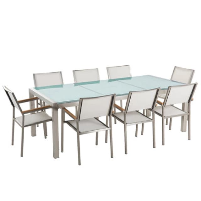 Beliani Garden Dining Set 8 Seater Grosseto Cracked Glass Transparent/ White