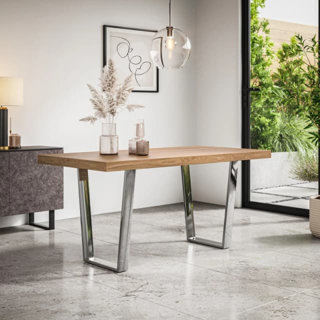 More4Homes Aria 4-6 Seater Dining Table Modern Oak Effect Table Top W Chrome Legs