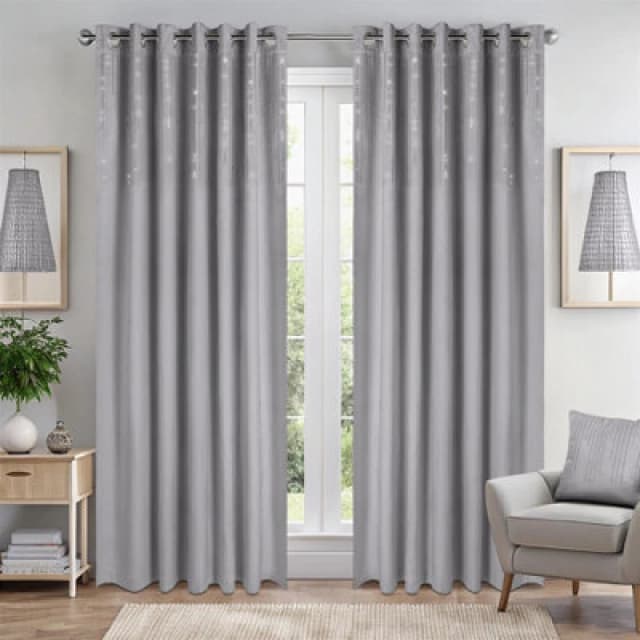 Luxury Living Triple Woven Blackout Velvet Ring Top Curtains With Cascading Diamante Studs 117Cm X 137Cm Silver