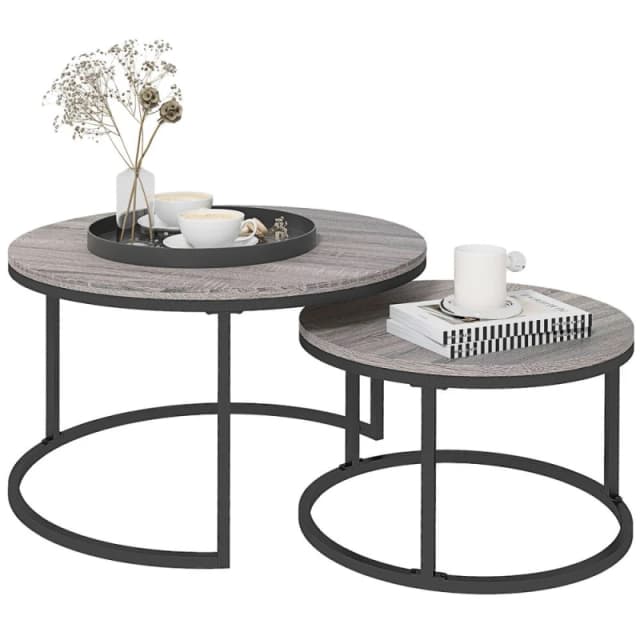 HOMCOM 2 Pcs Stacking Coffee Table Set Steel Frame Wood Effect Top Foot Pads TJ Hughes 5056725511050