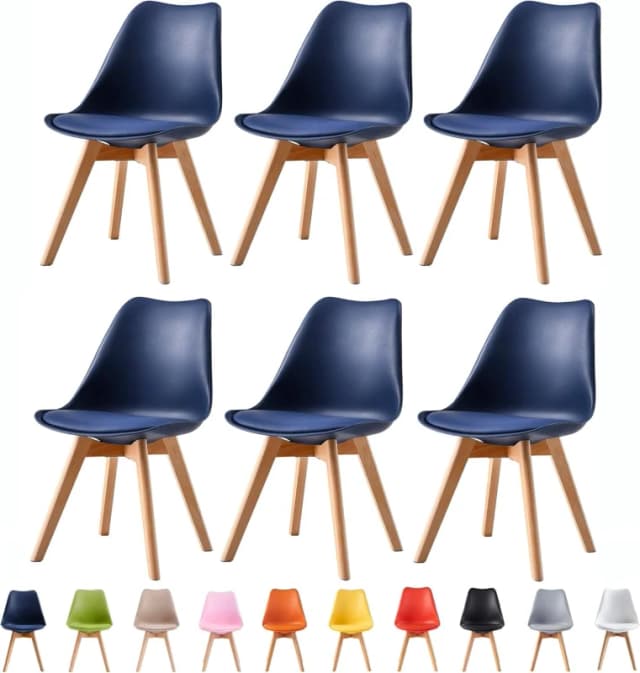 MCC Direct Set of 6 Dining Chairs with Solid Wooden Legs & Seat Cushion Pads in Grey - Eva by MCC in Blue Blue Unisex