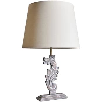 Distressed White Floral Design Table Lamp with Large Tapered Shade - Beige