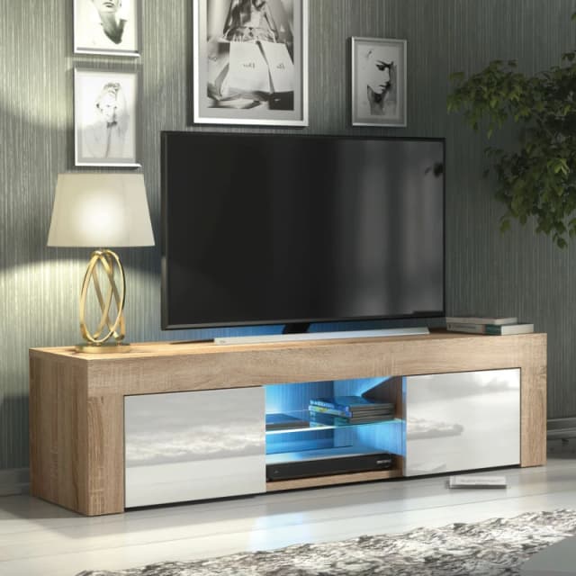 Mex Furniture LTD TV Unit with LED Lights & Gloss Doors / 130cm Light Oak