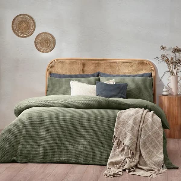 Chunky Waffle Duvet Cover Set Eucalyptus, Eucalyptus / Super King