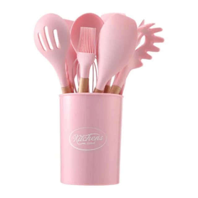 Living And Home Kitchen Utensil Set Of 8 Piece Pink Silicone Wooden Handle Kitchen Utensil Set For Cooking Safe For Non-Stick Cookware