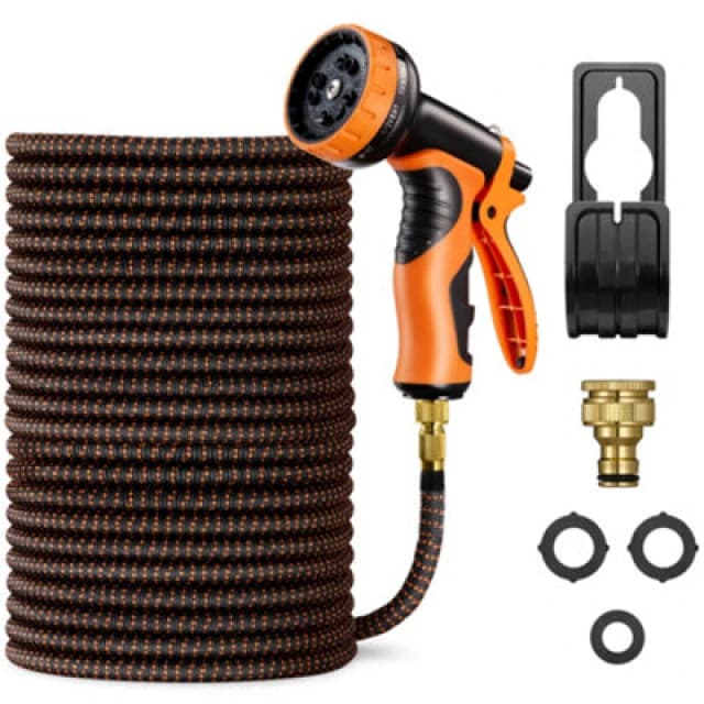 Vonhaus Expandable Garden Hose 100ft With 10-Pattern Spray Nozzle, 2 Brass Fittings, 4-Layer Latex Core, Wall Mounted