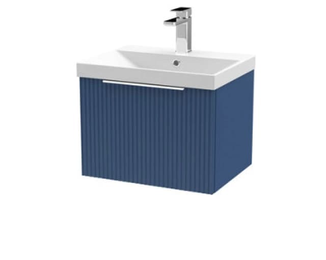 Hudson Reed Fluted Wall Hung 1-Drawer Vanity And Thin-Edge Basin, Contemporary Sink Vanity Unit, Satin Blue