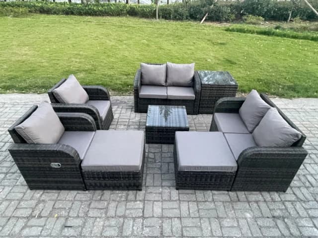 Fimous Garden Furniture Set Rattan Outdoor Lounge Sofa Chair With Tempered Glass Table 2 Big Footstool Side Table Dark Grey Mixed Dark Grey