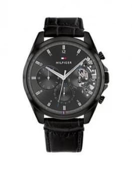 Tommy Hilfiger Black Ip Case, Black Dial And Black Leather Strap Watch
