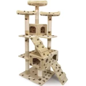CADOCA Cat Scratching Tree Post 175cm Activity Centre 6FT Toy Scratcher Kitten Climbing Beige Paw Motif