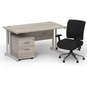 Impulse 1400 x 800 Silver Cant Office Desk Grey Oak + 2 Dr Mobile Ped & Chiro Med Back Black W/Arms